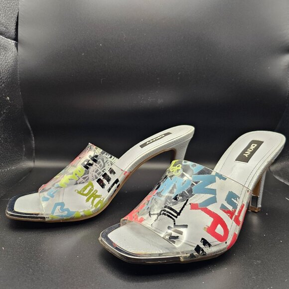 DKNY Graffiti Print Clear Strap Sandals – Size 7.5 - Picture 3 of 11
